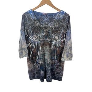 Kiara Top Women M Blue Floral Sequin Collar Y2K Casual 3/4 Sleeve Abstract